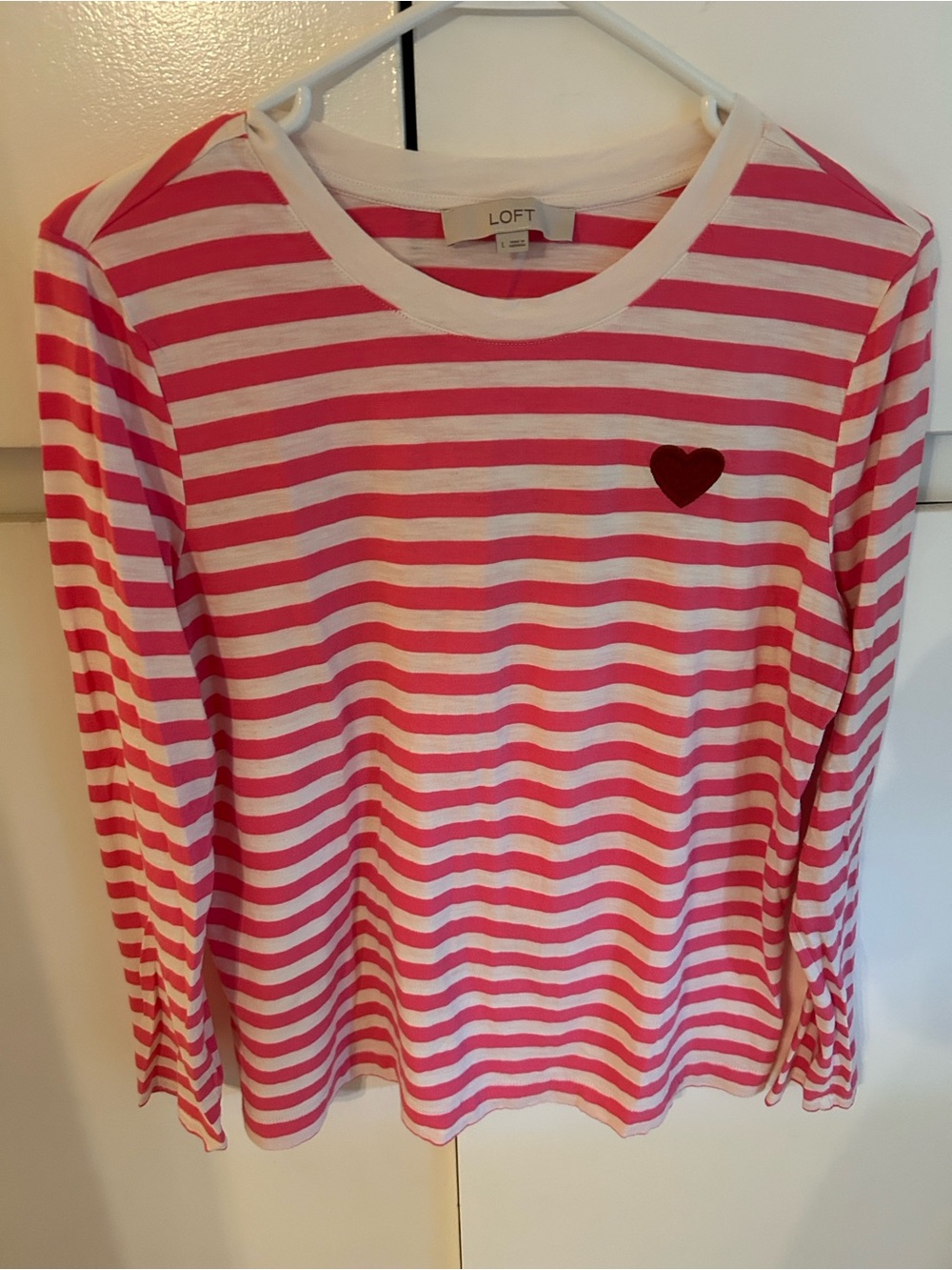 LOFT Pink & White Striped Heart Long-Sleeve Tee large